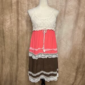 Vintage Y2K Crochet Color Block Tiered Mini Dress Lace Trim Summer Beach Indie